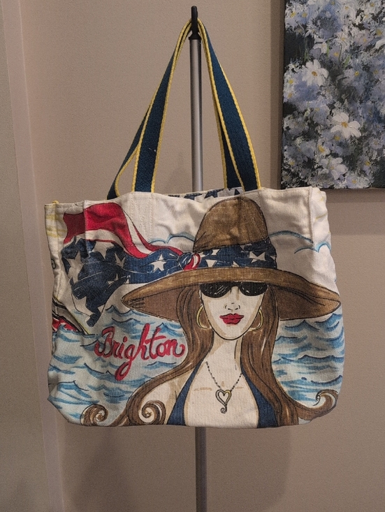 Brighton Handbags - Brighton Canvas Tote with Illustrated Woman in Cream, Blue & Brown